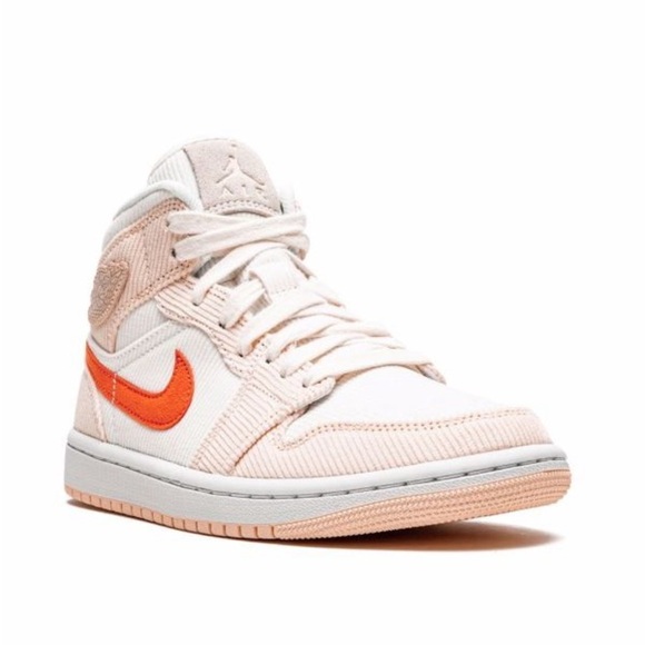 NIKE Air Jordan Mid 1 Women's Corduroy Sneakers - White and Orange - Picture 2 of 15